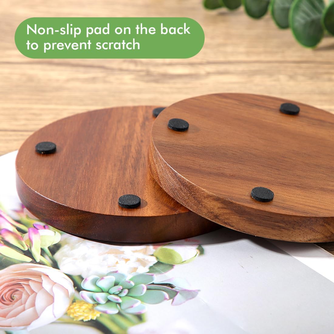 Wood Cork Coasters for Drinks Absorbent with Holder, Acacia Wood Coaster Sets Rustic Farmhouse for Coffee Table Dining Table Wooden Table Coasters for Desk, Set of 6 4.33in