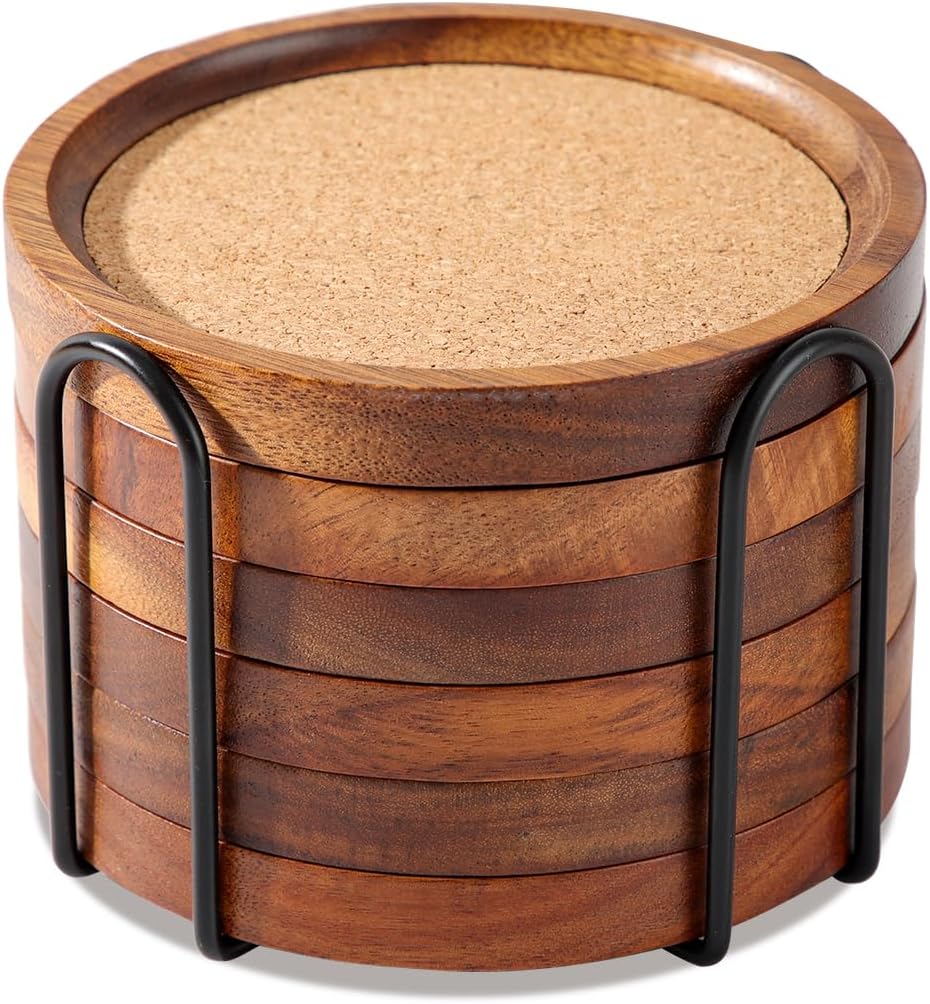 Wood Cork Coasters for Drinks Absorbent with Holder, Acacia Wood Coaster Sets Rustic Farmhouse for Coffee Table Dining Table Wooden Table Coasters for Desk, Set of 6 4.33in