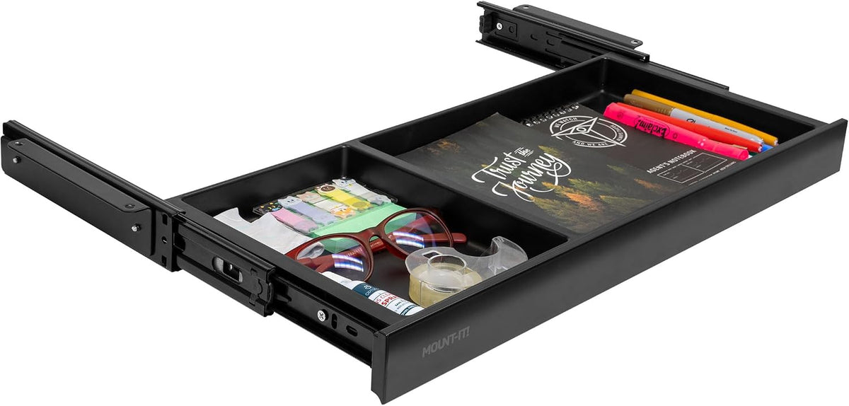 ! Under Desk Drawer Organizer with 2 Compartments, Shallow Low-Profile Slide-Out Desk Tray, 20.7″ x 8.9″ x 1.8″, Pull-Out Pencil Drawer for Traditional & Standing Desks - Black