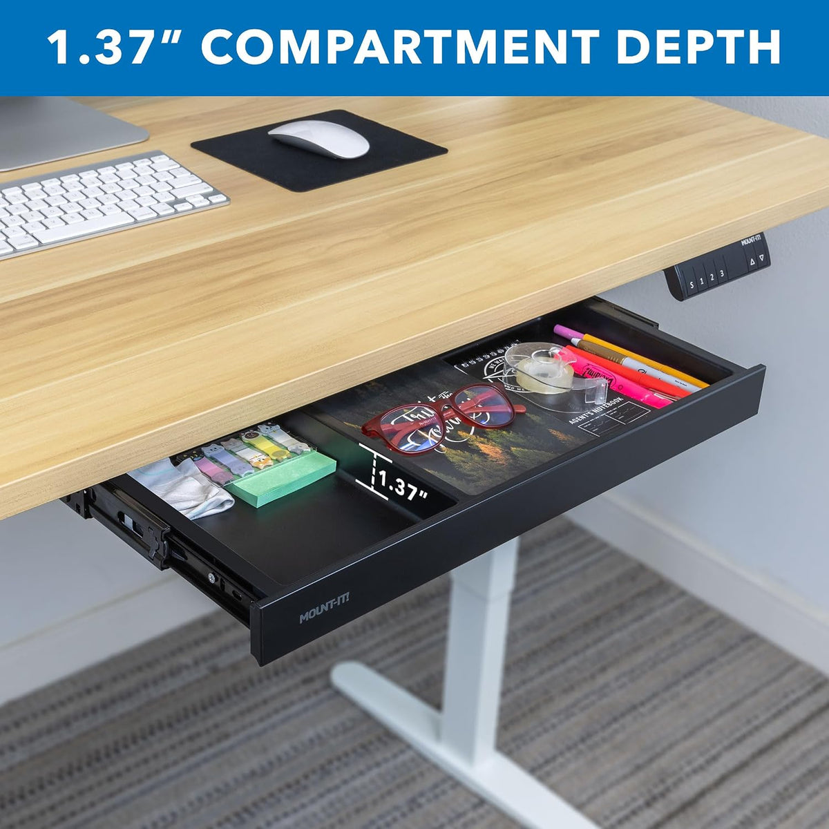 ! Under Desk Drawer Organizer with 2 Compartments, Shallow Low-Profile Slide-Out Desk Tray, 20.7″ x 8.9″ x 1.8″, Pull-Out Pencil Drawer for Traditional & Standing Desks - Black