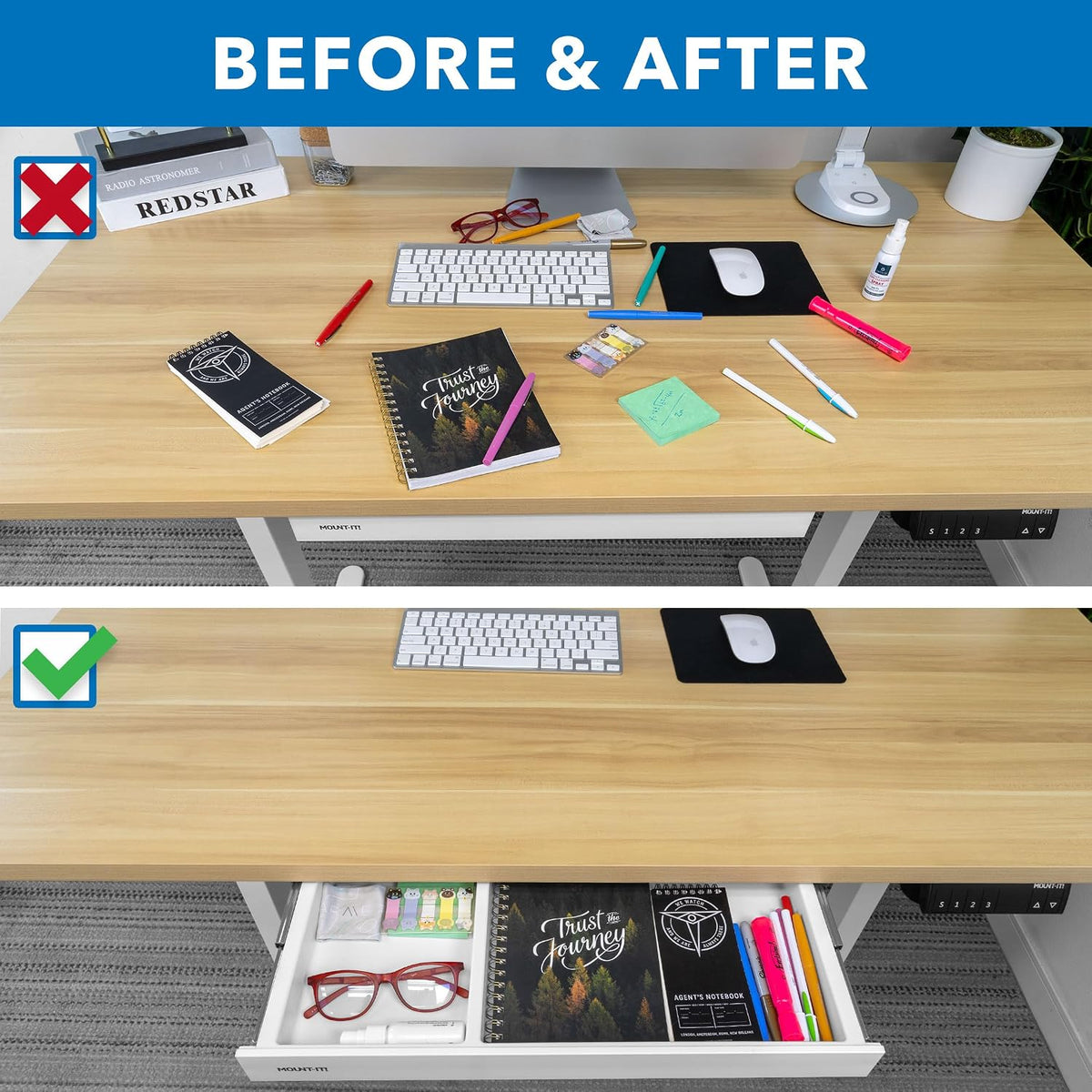 ! Under Desk Drawer Organizer with 2 Compartments, Shallow Low-Profile Slide-Out Desk Tray, 20.7″ x 8.9″ x 1.8″, Pull-Out Pencil Drawer for Traditional & Standing Desks - Black