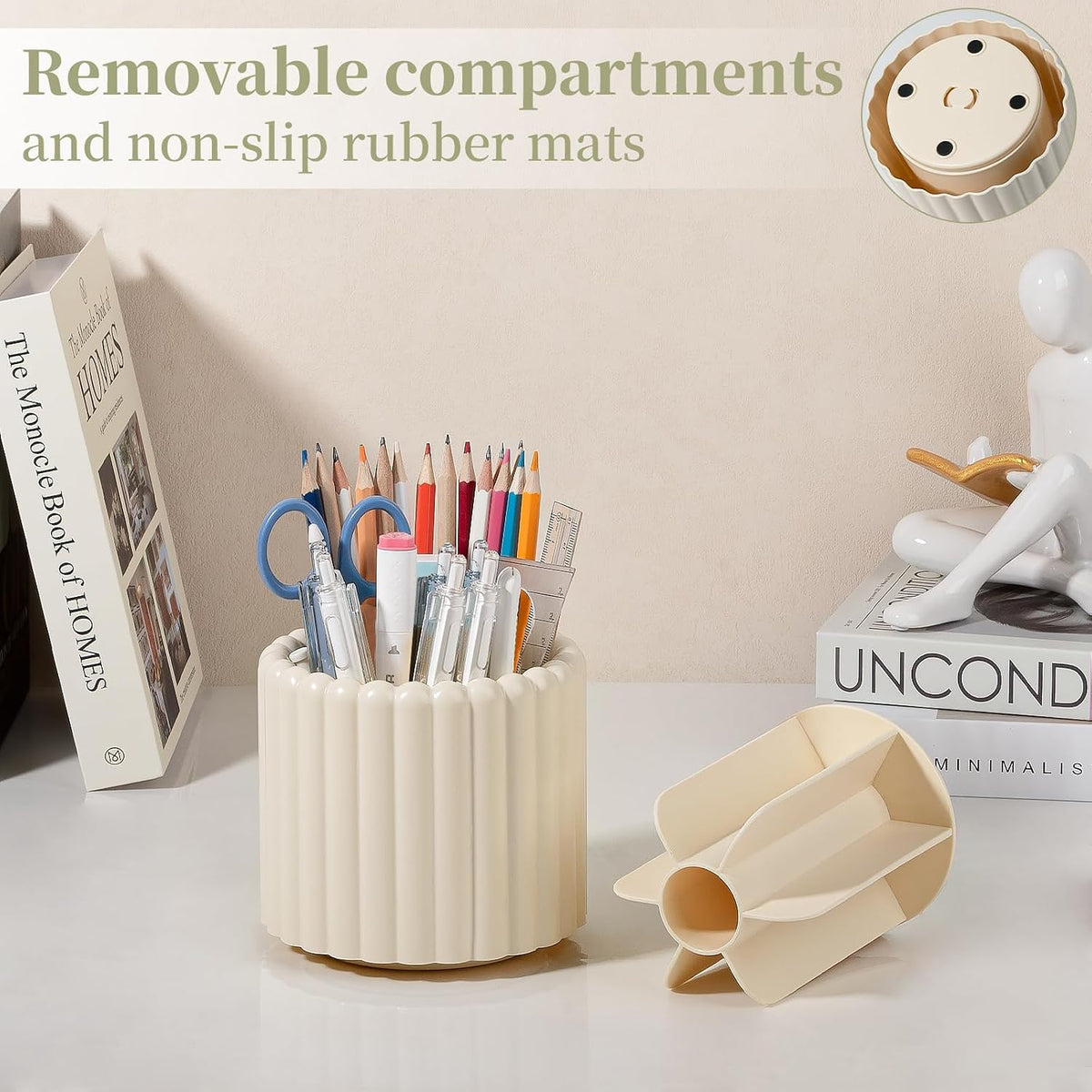 Rotating Pen Holder for Desk Removable Pencil Cup, Small White