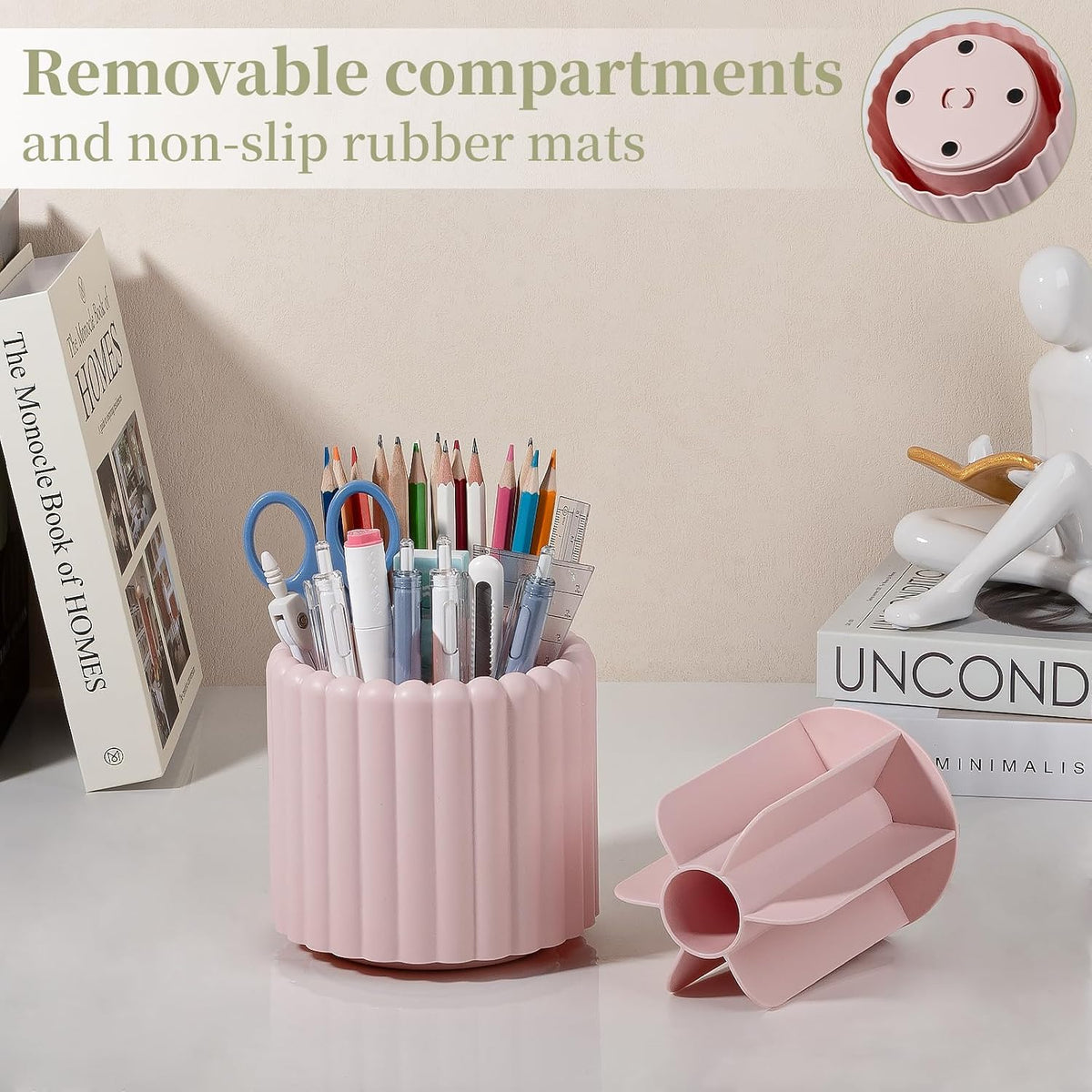 Rotating Pen Holder for Desk Removable Pencil Cup, Small White