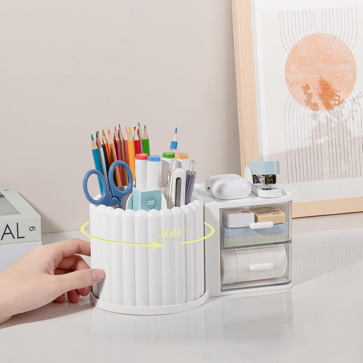 Rotating Pen Holder for Desk Removable Pencil Cup, Small White