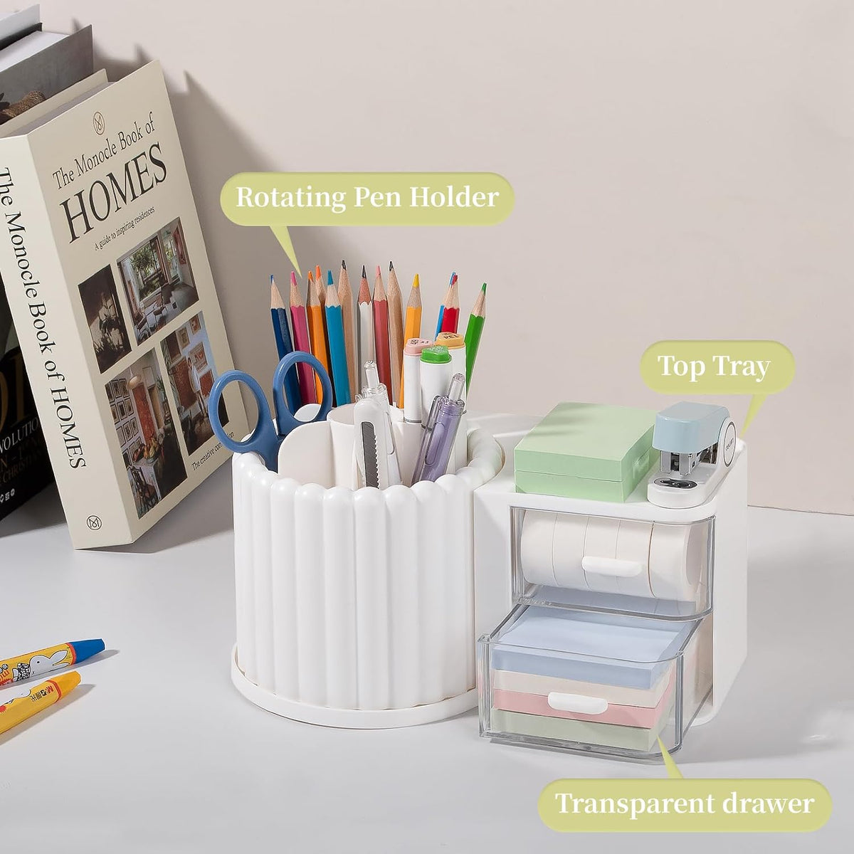 Rotating Pen Holder for Desk Removable Pencil Cup, Small White