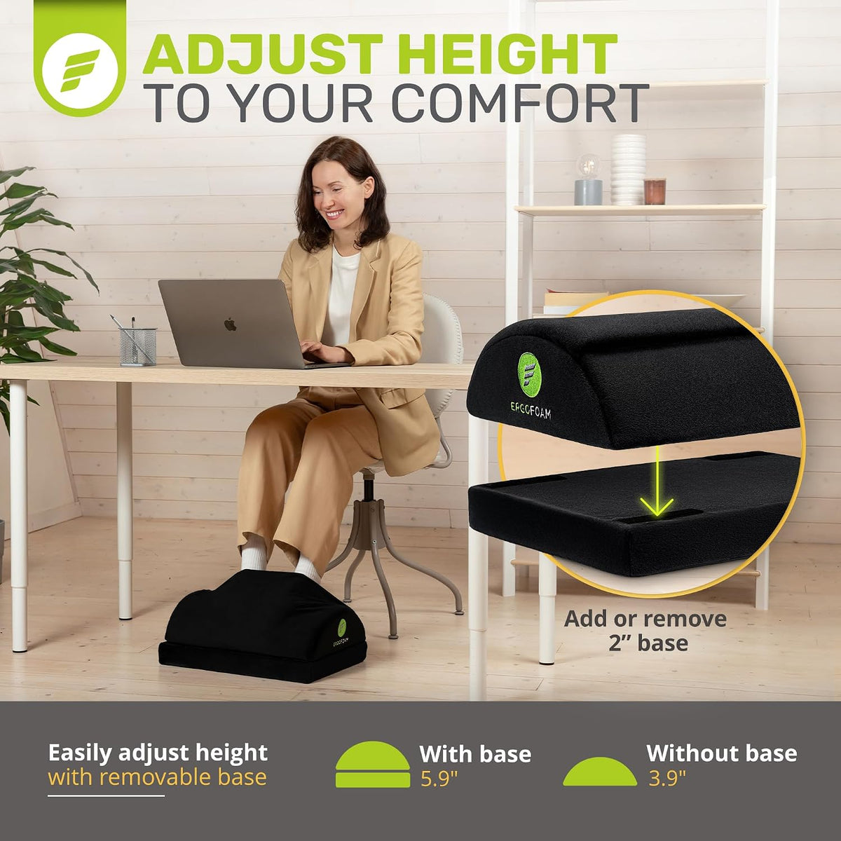 Foot Rest for Under Desk at Work Adjustable - Chiropractor-Endorsed, High-Density Foam, Velvet (Black)