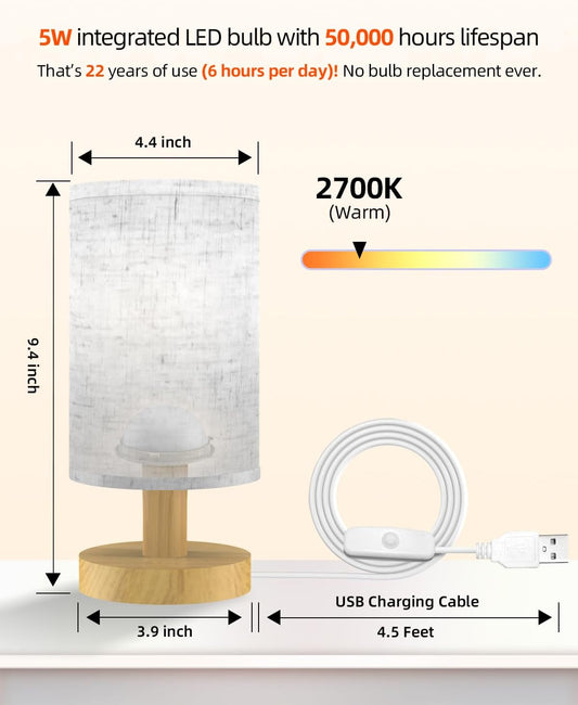 Small Table Lamp for Bedroom - Inline Control, Bedside Lamp for Warm Light LED Desk Lamp, Wood Base Round Flaxen Fabric Shade for Kids Room, Living Room, College Dorm, Home, Office