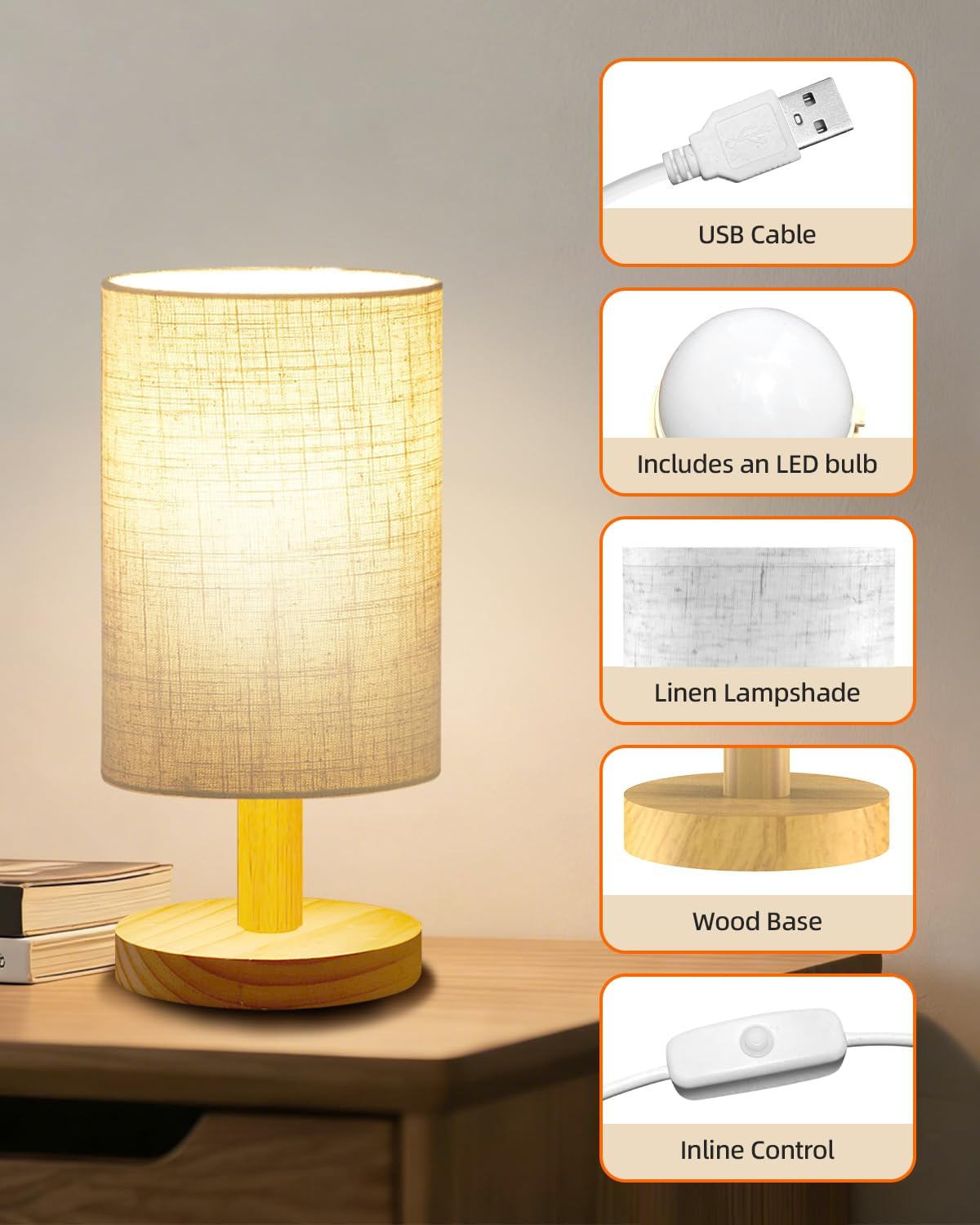Small Table Lamp for Bedroom - Inline Control, Bedside Lamp for Warm Light LED Desk Lamp, Wood Base Round Flaxen Fabric Shade for Kids Room, Living Room, College Dorm, Home, Office