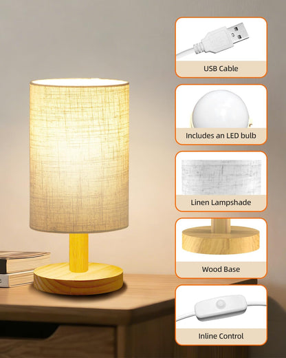 Small Table Lamp for Bedroom - Inline Control, Bedside Lamp for Warm Light LED Desk Lamp, Wood Base Round Flaxen Fabric Shade for Kids Room, Living Room, College Dorm, Home, Office