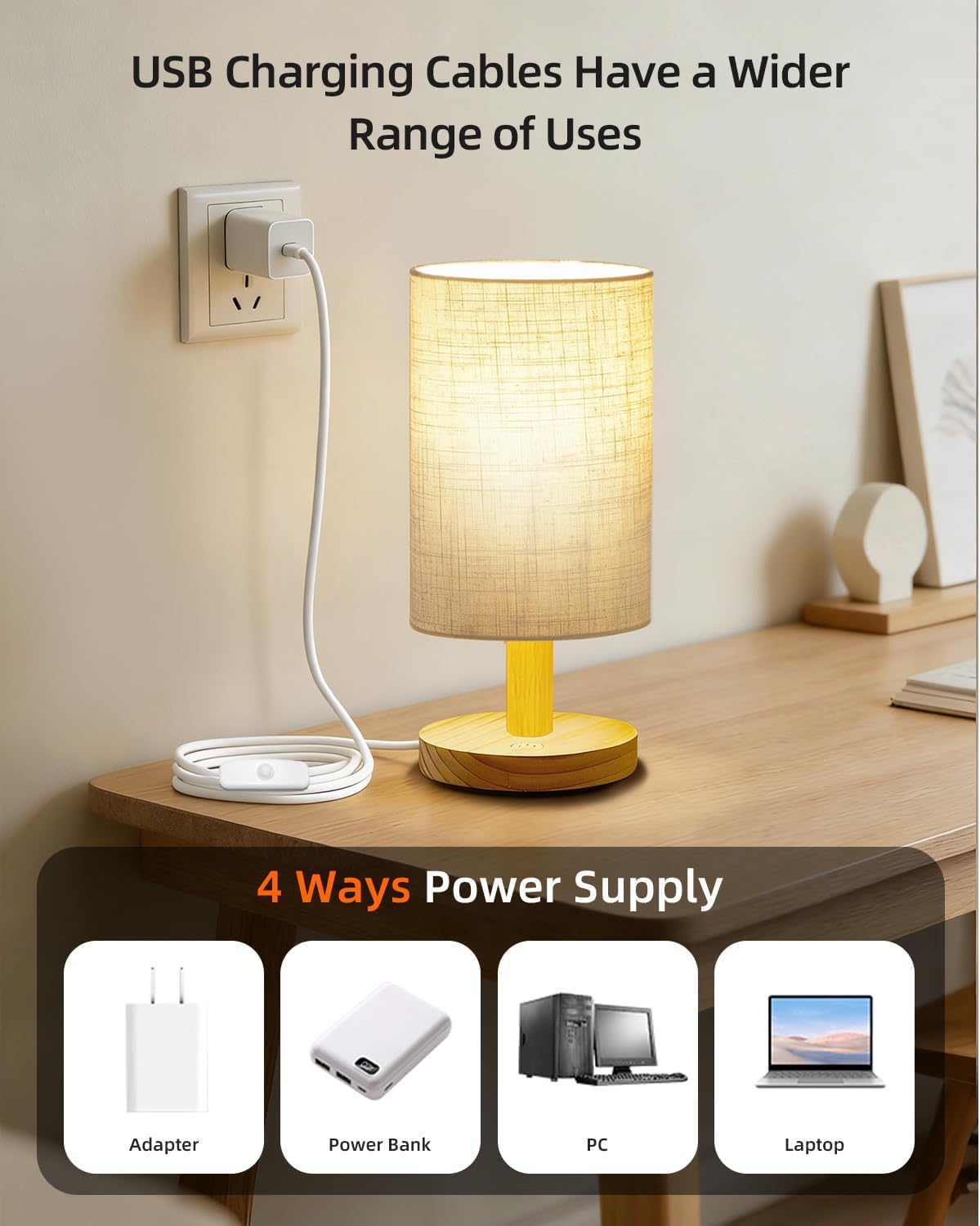 Small Table Lamp for Bedroom - Inline Control, Bedside Lamp for Warm Light LED Desk Lamp, Wood Base Round Flaxen Fabric Shade for Kids Room, Living Room, College Dorm, Home, Office