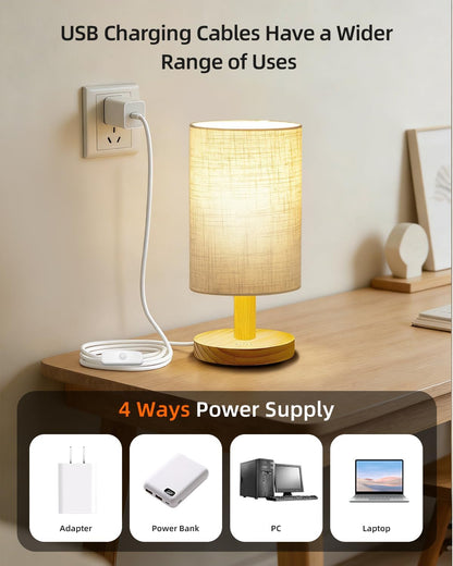 Small Table Lamp for Bedroom - Inline Control, Bedside Lamp for Warm Light LED Desk Lamp, Wood Base Round Flaxen Fabric Shade for Kids Room, Living Room, College Dorm, Home, Office