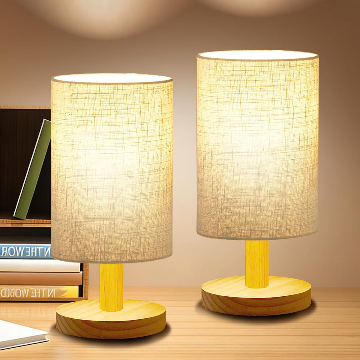 Small Table Lamp for Bedroom - Inline Control, Bedside Lamp for Warm Light LED Desk Lamp, Wood Base Round Flaxen Fabric Shade for Kids Room, Living Room, College Dorm, Home, Office