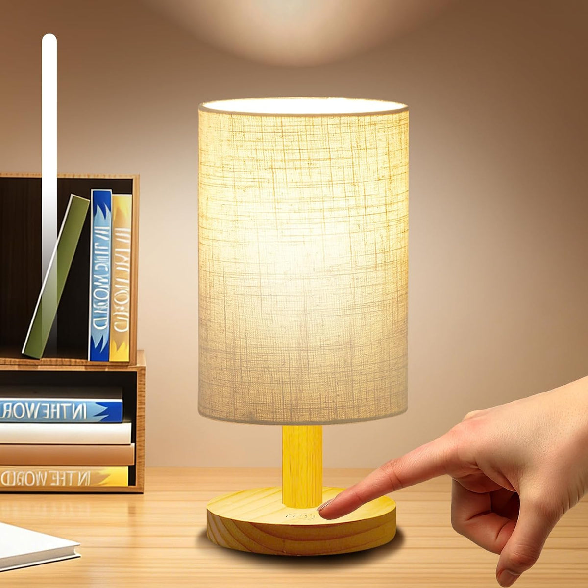 Small Table Lamp for Bedroom - Inline Control, Bedside Lamp for Warm Light LED Desk Lamp, Wood Base Round Flaxen Fabric Shade for Kids Room, Living Room, College Dorm, Home, Office