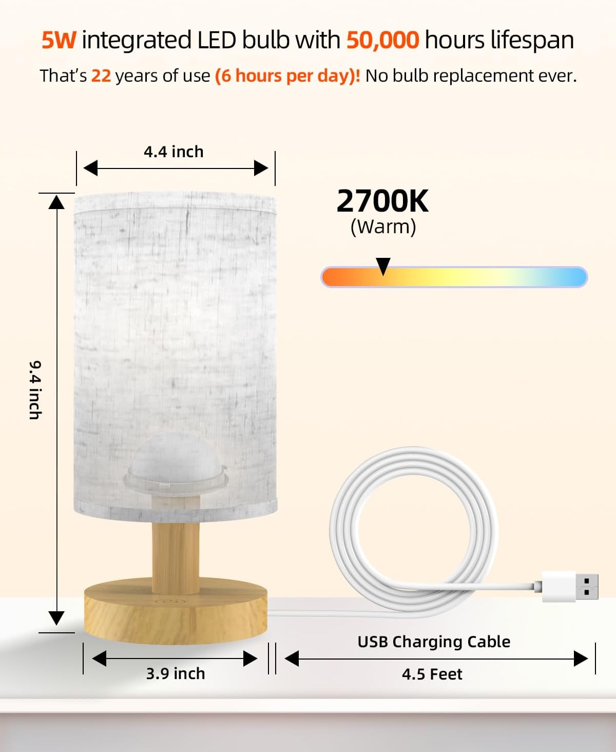 Small Table Lamp for Bedroom - Inline Control, Bedside Lamp for Warm Light LED Desk Lamp, Wood Base Round Flaxen Fabric Shade for Kids Room, Living Room, College Dorm, Home, Office