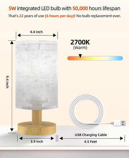 Small Table Lamp for Bedroom - Inline Control, Bedside Lamp for Warm Light LED Desk Lamp, Wood Base Round Flaxen Fabric Shade for Kids Room, Living Room, College Dorm, Home, Office