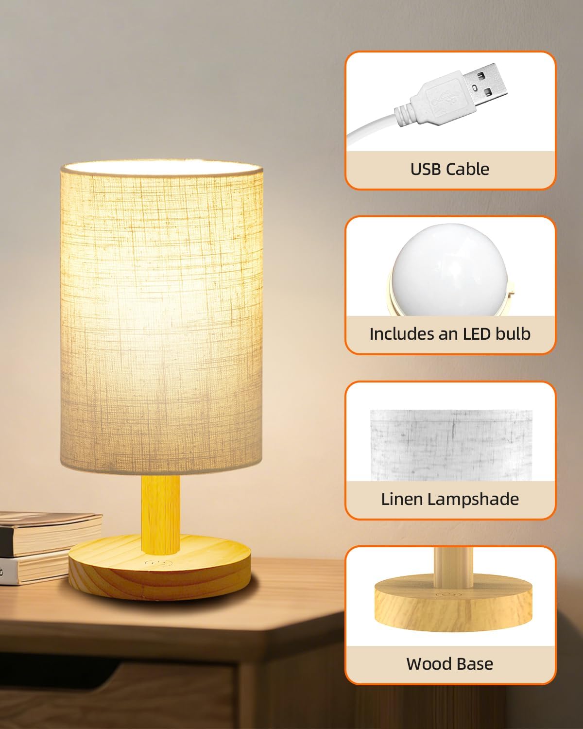 Small Table Lamp for Bedroom - Inline Control, Bedside Lamp for Warm Light LED Desk Lamp, Wood Base Round Flaxen Fabric Shade for Kids Room, Living Room, College Dorm, Home, Office