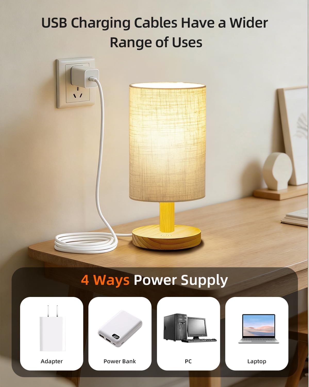 Small Table Lamp for Bedroom - Inline Control, Bedside Lamp for Warm Light LED Desk Lamp, Wood Base Round Flaxen Fabric Shade for Kids Room, Living Room, College Dorm, Home, Office