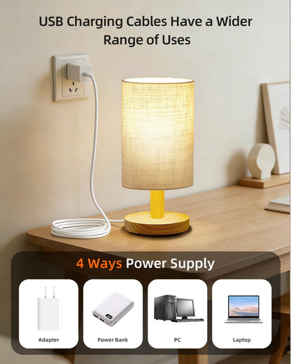 Small Table Lamp for Bedroom - Inline Control, Bedside Lamp for Warm Light LED Desk Lamp, Wood Base Round Flaxen Fabric Shade for Kids Room, Living Room, College Dorm, Home, Office