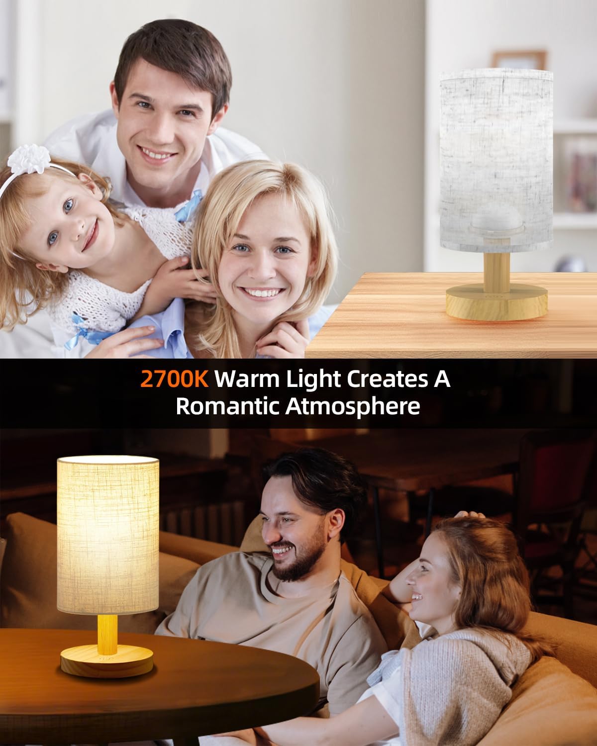 Small Table Lamp for Bedroom - Inline Control, Bedside Lamp for Warm Light LED Desk Lamp, Wood Base Round Flaxen Fabric Shade for Kids Room, Living Room, College Dorm, Home, Office