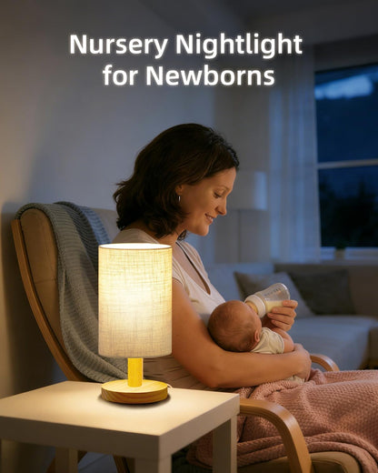 Small Table Lamp for Bedroom - Inline Control, Bedside Lamp for Warm Light LED Desk Lamp, Wood Base Round Flaxen Fabric Shade for Kids Room, Living Room, College Dorm, Home, Office