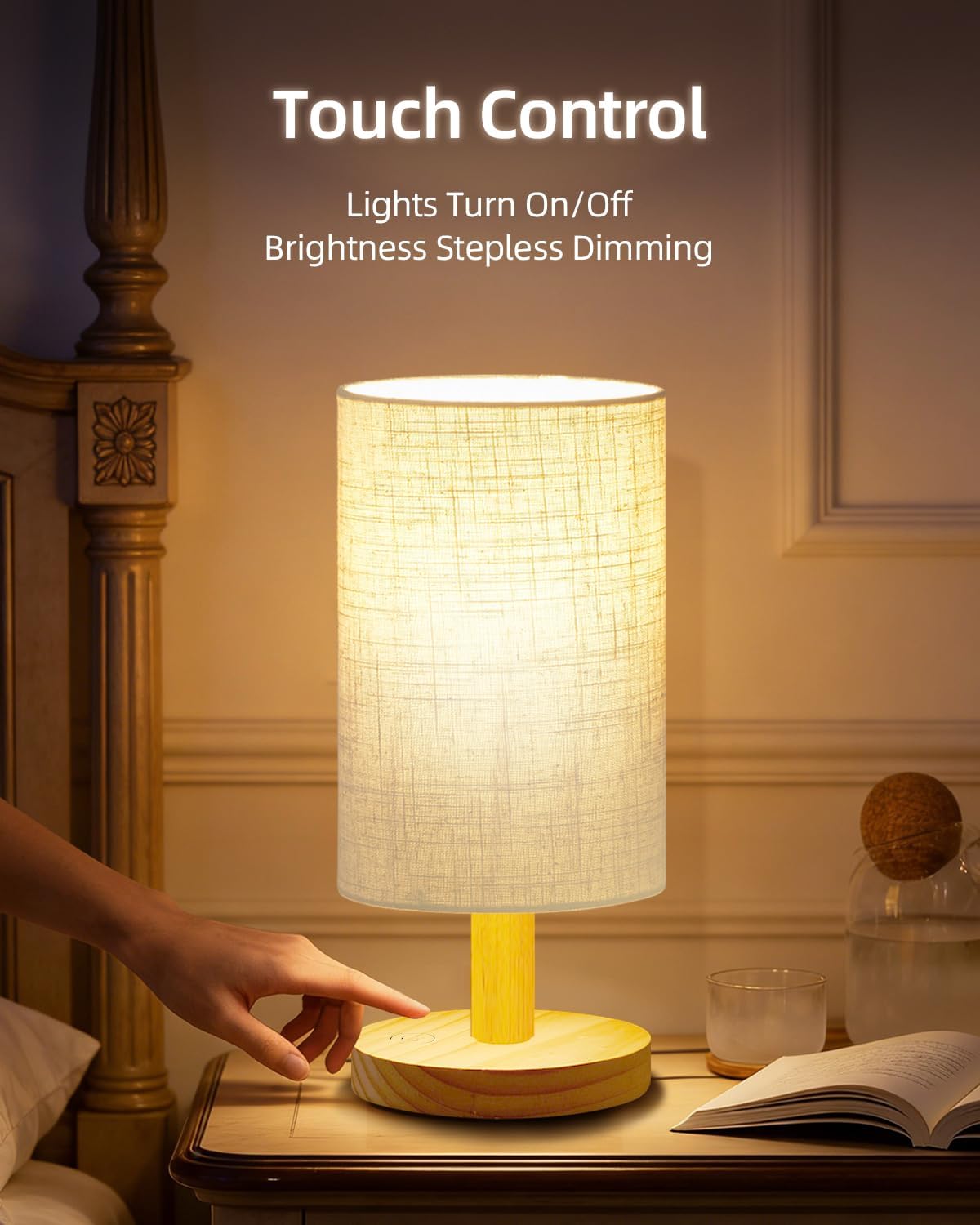 Small Table Lamp for Bedroom - Inline Control, Bedside Lamp for Warm Light LED Desk Lamp, Wood Base Round Flaxen Fabric Shade for Kids Room, Living Room, College Dorm, Home, Office