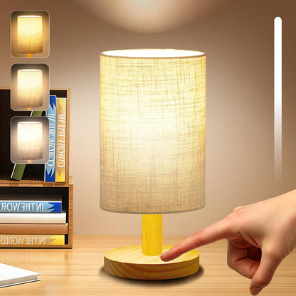 Small Table Lamp for Bedroom - Inline Control, Bedside Lamp for Warm Light LED Desk Lamp, Wood Base Round Flaxen Fabric Shade for Kids Room, Living Room, College Dorm, Home, Office