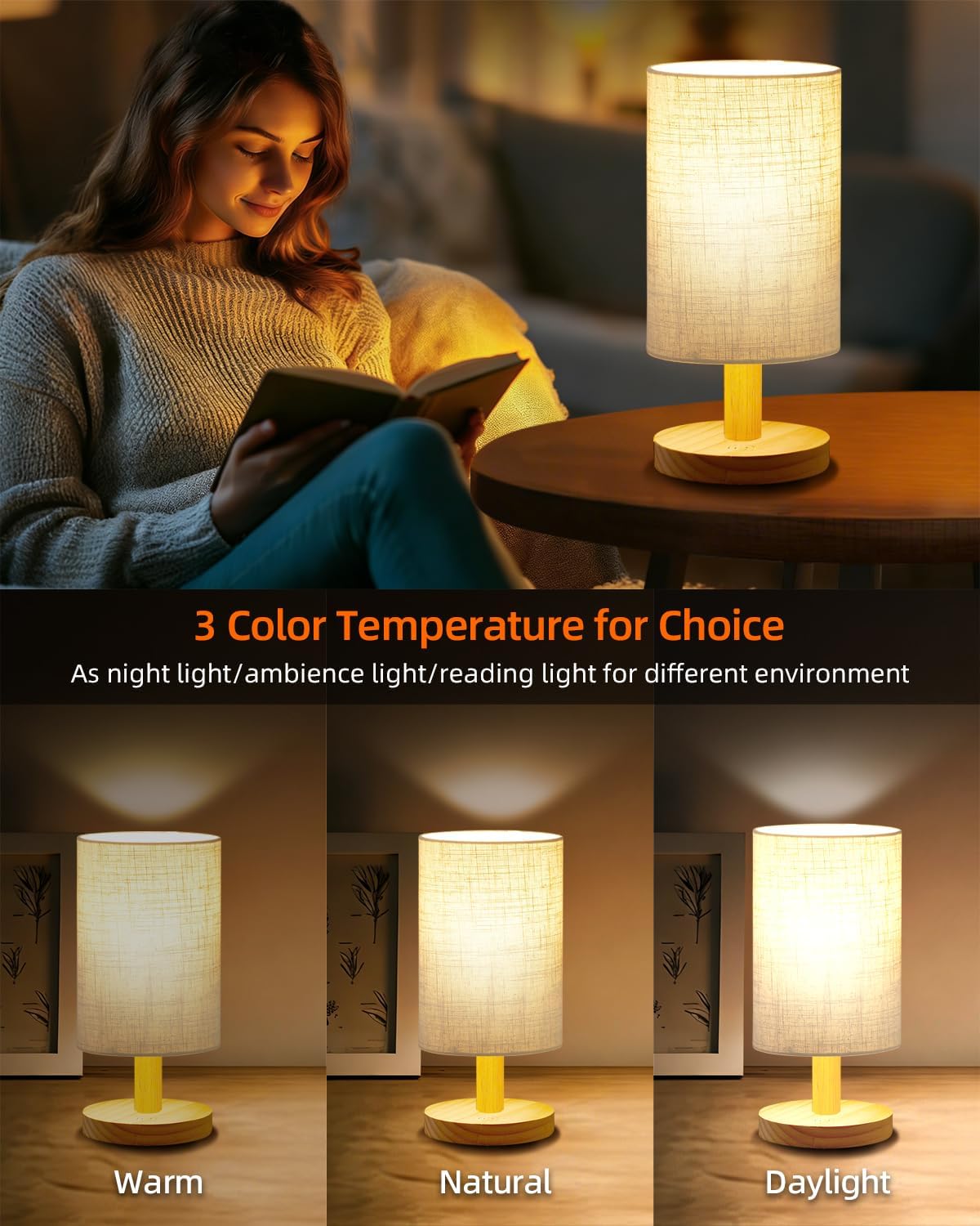 Small Table Lamp for Bedroom - Inline Control, Bedside Lamp for Warm Light LED Desk Lamp, Wood Base Round Flaxen Fabric Shade for Kids Room, Living Room, College Dorm, Home, Office