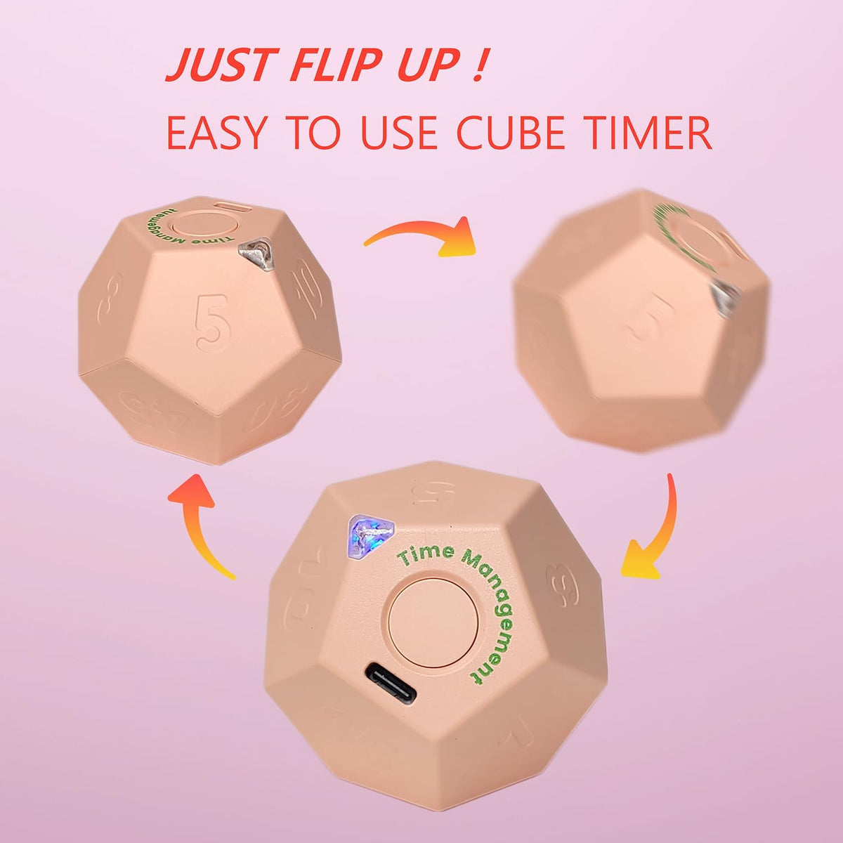 Cube Pomodoro Timer - Flip to Start Countdown, Rechargeable Mini Productivity Timer for Study, Office, 11 Preset Times, Silent/Vibration, Time Management Tool for Kids & ADHD (Pink)