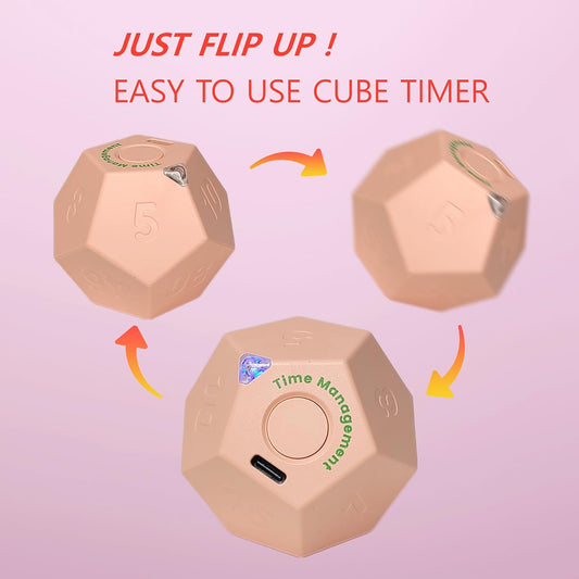 Cube Pomodoro Timer - Flip to Start Countdown, Rechargeable Mini Productivity Timer for Study, Office, 11 Preset Times, Silent/Vibration, Time Management Tool for Kids & ADHD (Pink)