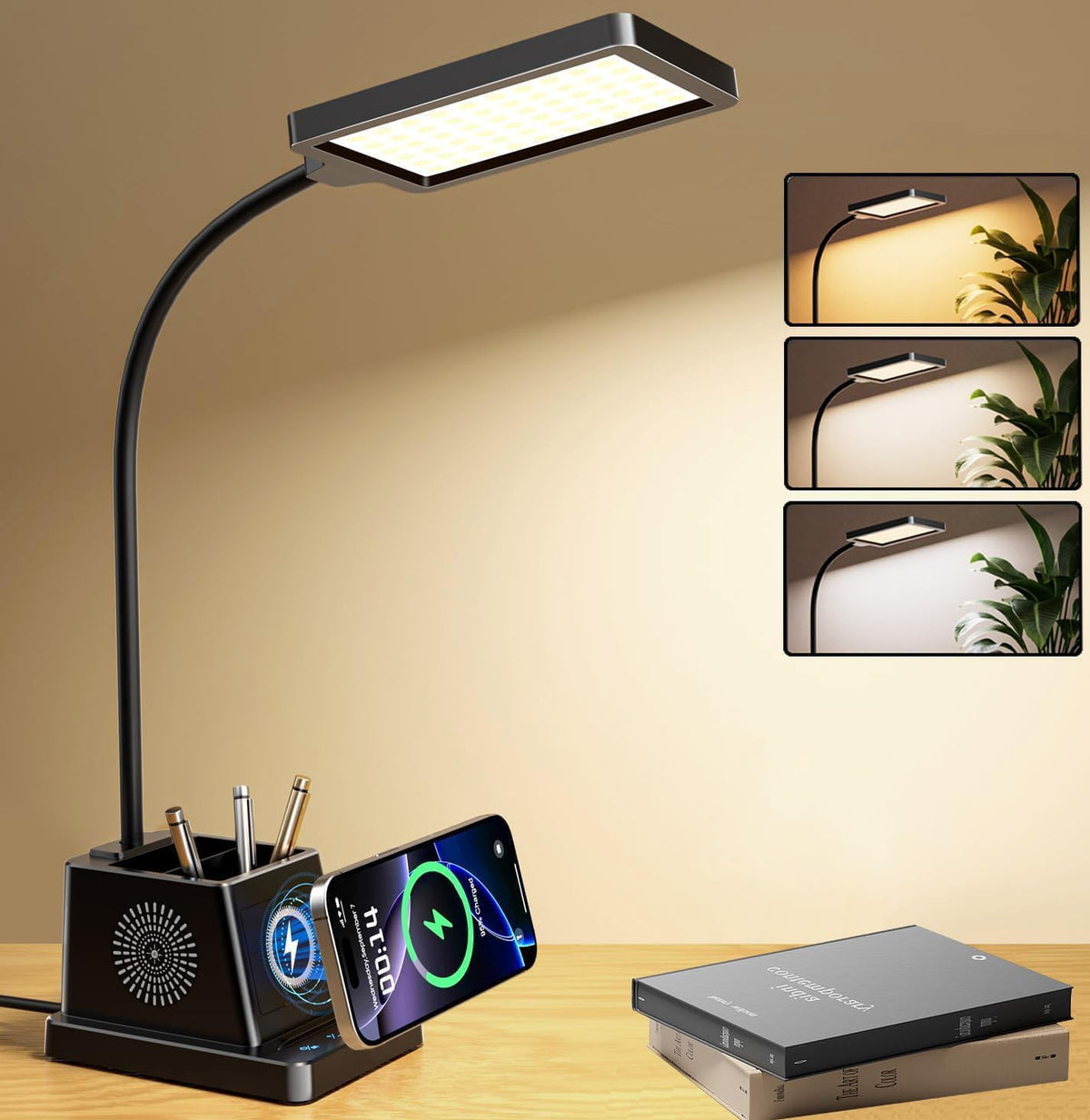 LED Desk Lamps for Home Office with Storage,15W Fast Wireless Charger