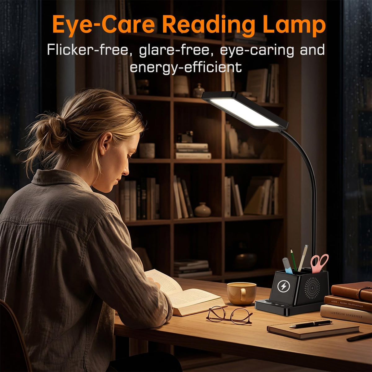 LED Desk Lamps for Home Office with Storage,15W Fast Wireless Charger