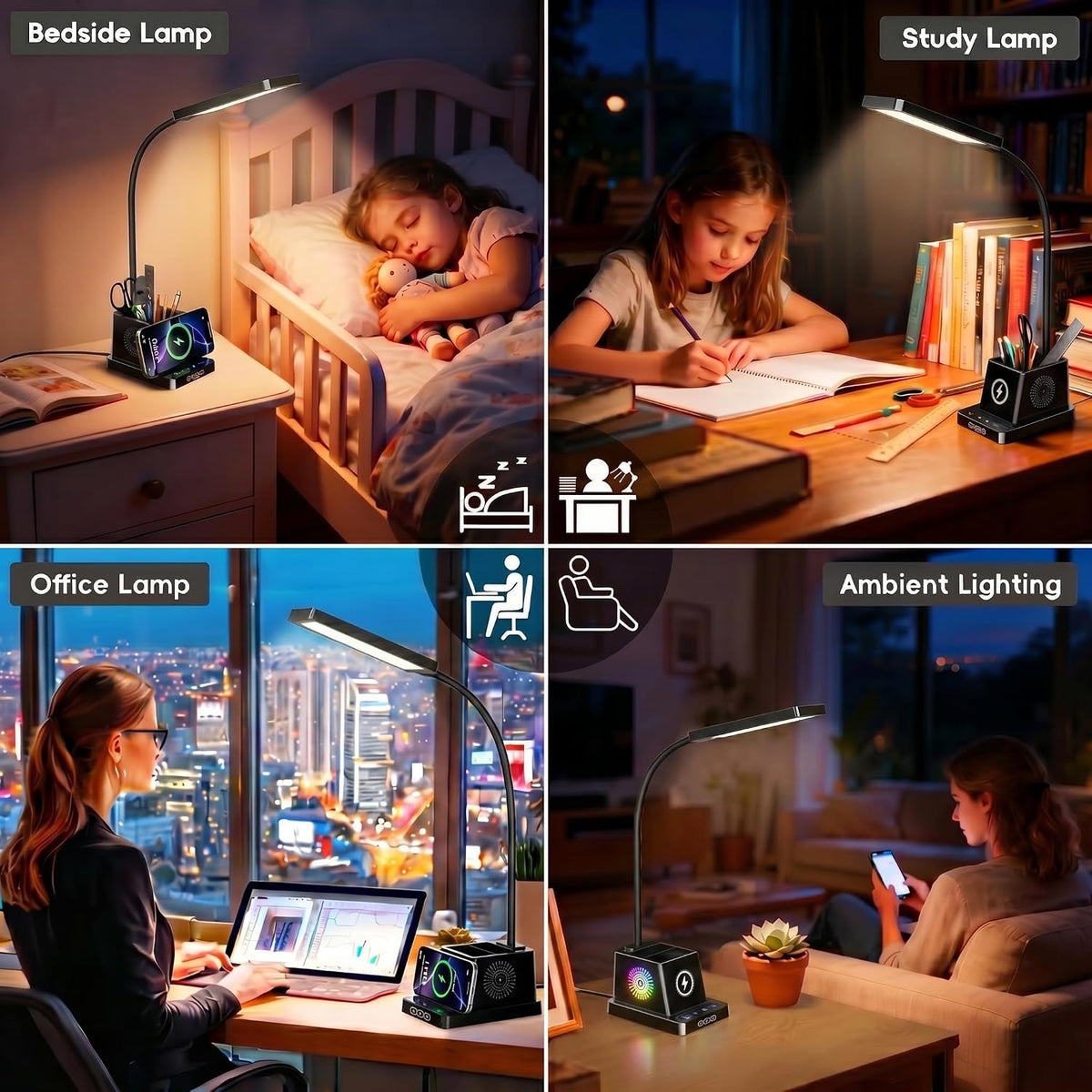 LED Desk Lamps for Home Office with Storage,15W Fast Wireless Charger