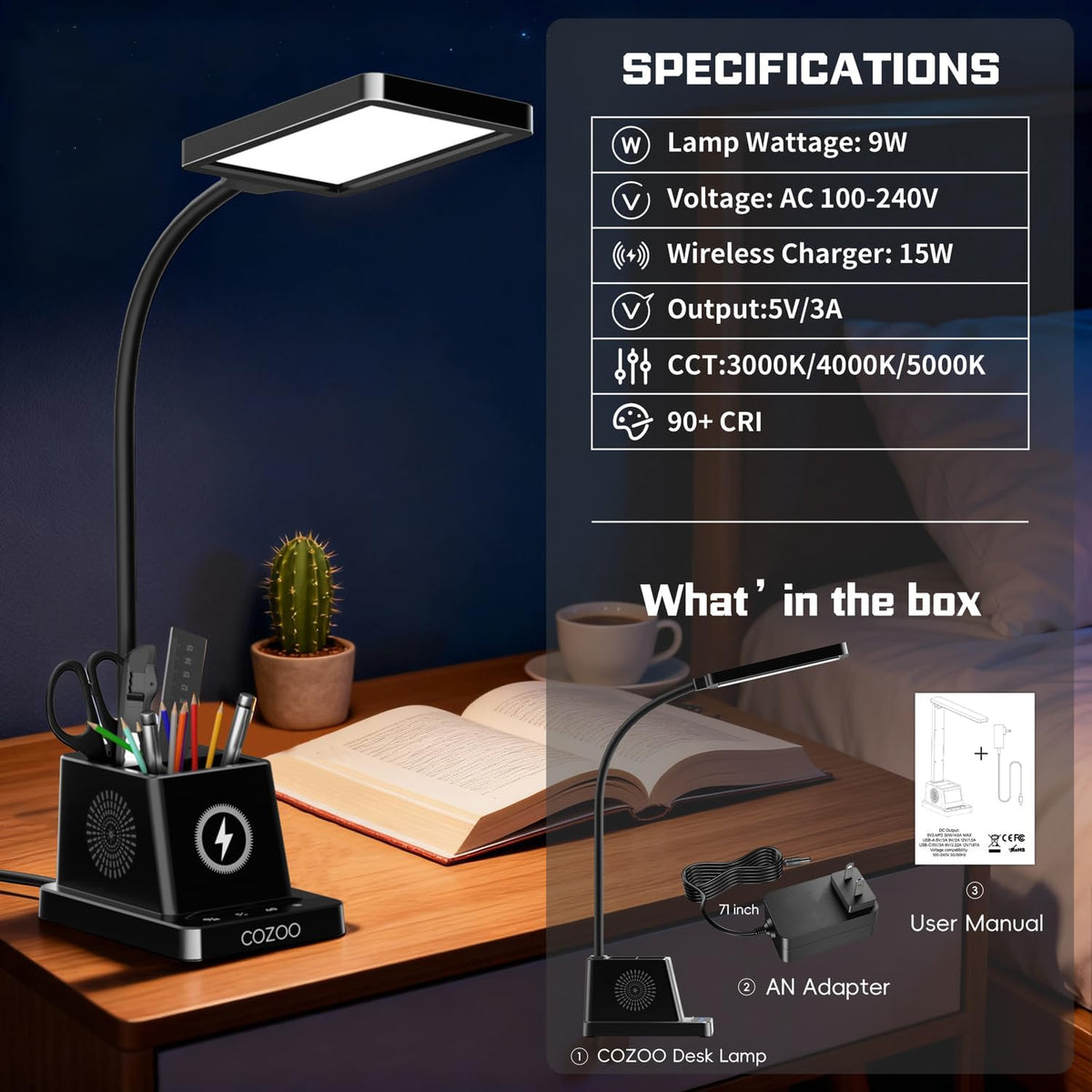 LED Desk Lamps for Home Office with Storage,15W Fast Wireless Charger