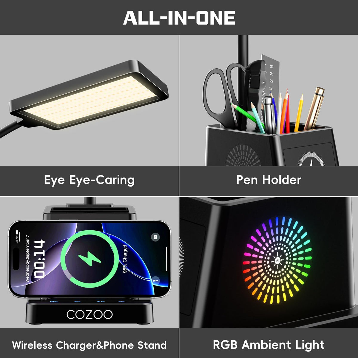 LED Desk Lamps for Home Office with Storage,15W Fast Wireless Charger