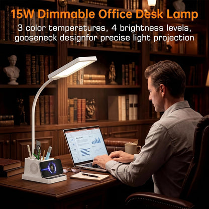 LED Desk Lamps for Home Office with Storage,15W Fast Wireless Charger