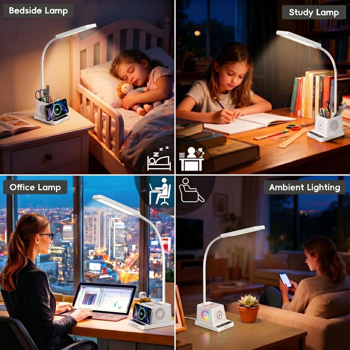 LED Desk Lamps for Home Office with Storage,15W Fast Wireless Charger