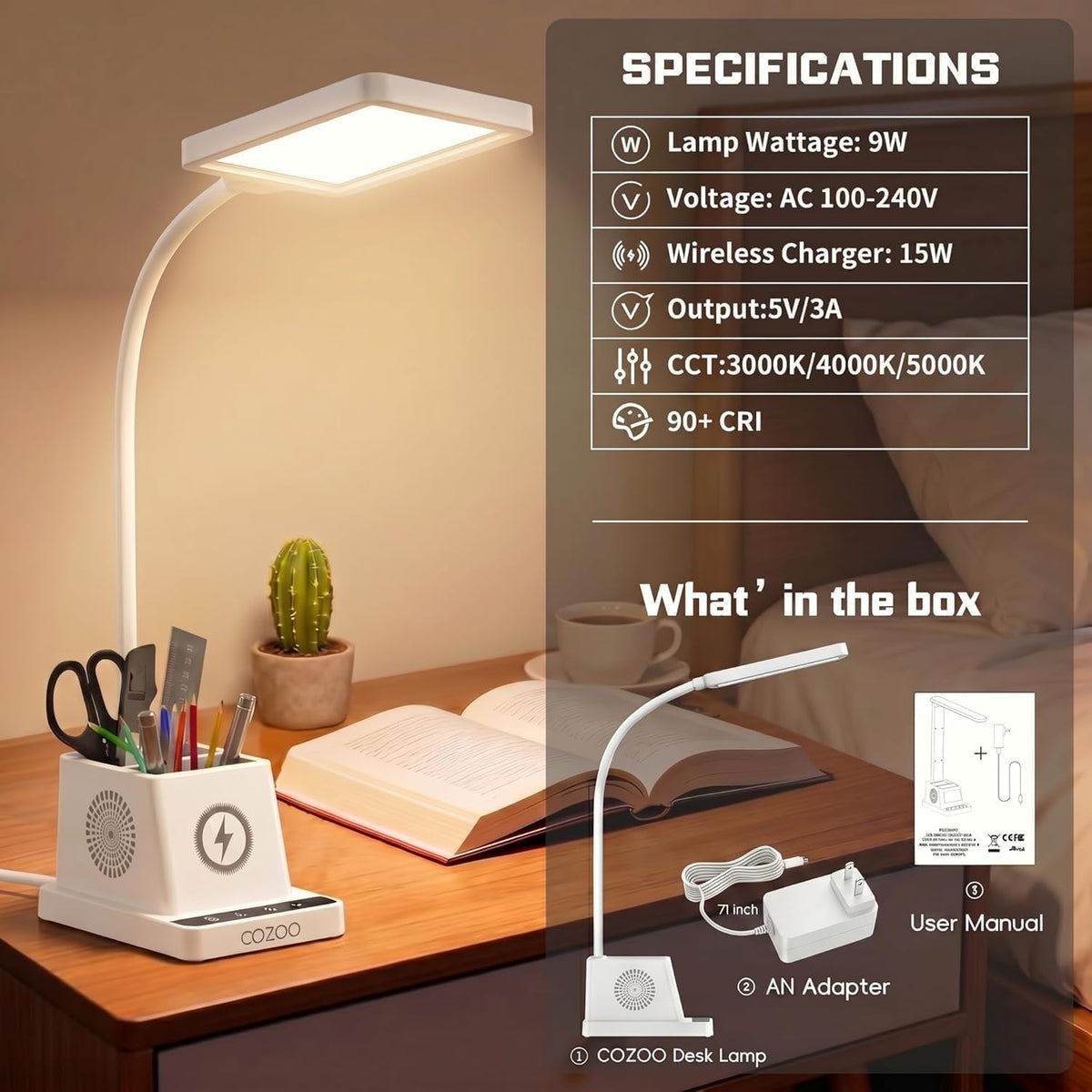 LED Desk Lamps for Home Office with Storage,15W Fast Wireless Charger