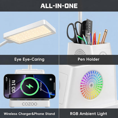 LED Desk Lamps for Home Office with Storage,15W Fast Wireless Charger