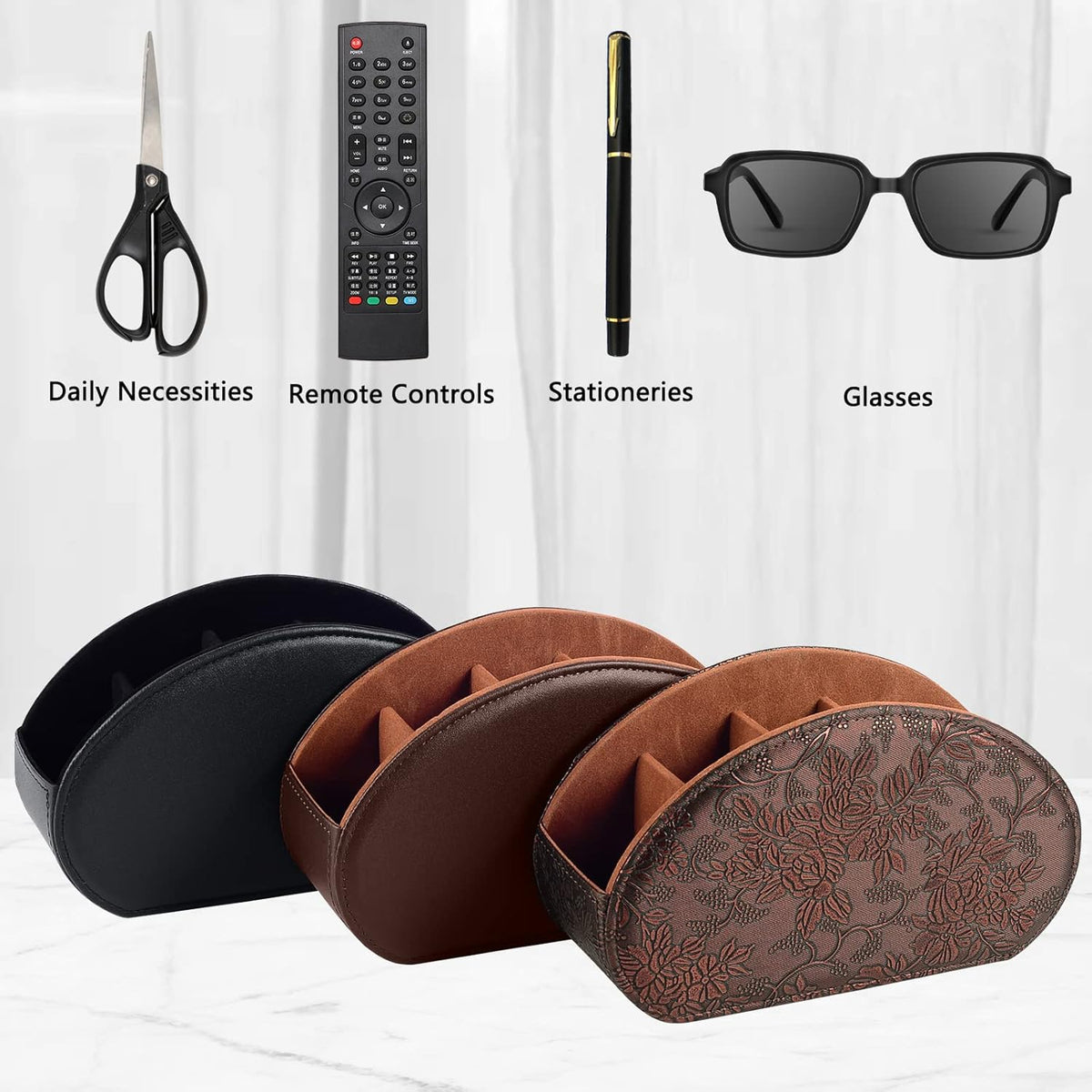 Leather Remote Control Holder with 5 Compartments TV Remote Caddy Storage Box/Tray,Desktop Organizer Store Controller,Glasses,Brush,Media Player,Pen,Space Saver for Bedside Table/Office Desk(Black)