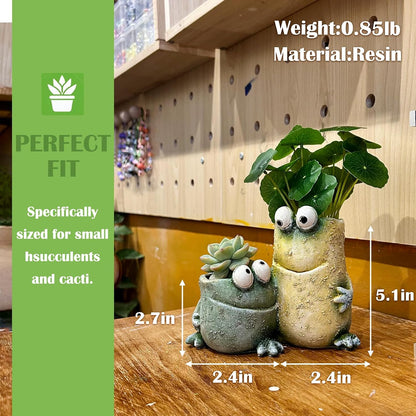 Cute Frog Planters,Funny Plant Pots with Dual Pots, Resin Funny Succulent Pots & Fun Planters for Indoor Windowsill Desk Office Decor, Gift for Plant Lovers