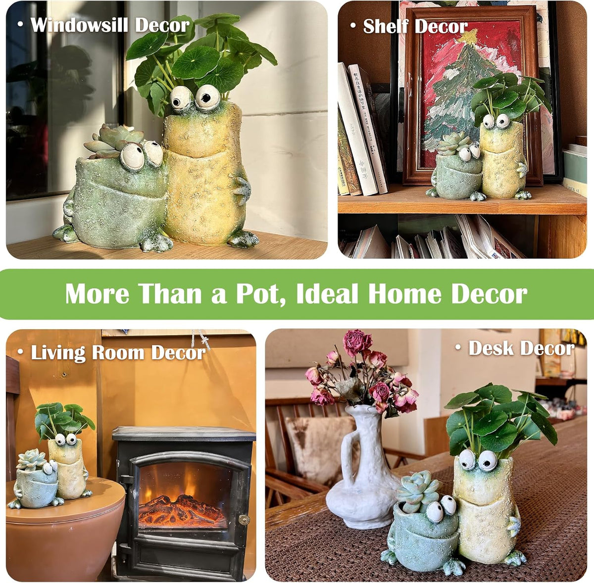 Cute Frog Planters,Funny Plant Pots with Dual Pots, Resin Funny Succulent Pots & Fun Planters for Indoor Windowsill Desk Office Decor, Gift for Plant Lovers