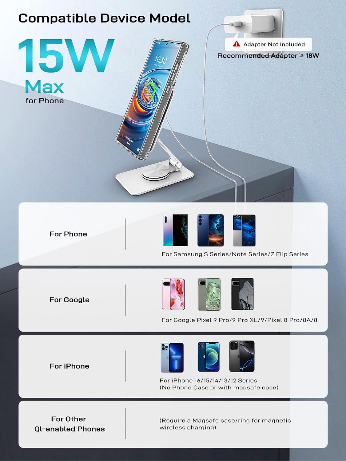 Compatible with MagSafe Charger, 15W Magnetic Charger Stand for Phones