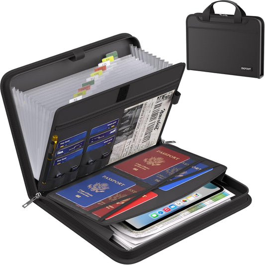 Accordion File Organizer, Fireproof Expanding File Folder with 13 Pockets Document Organizer with Handle & Labels, Portable Home Travel Safe Storage for Letter A4 Files and More, Black