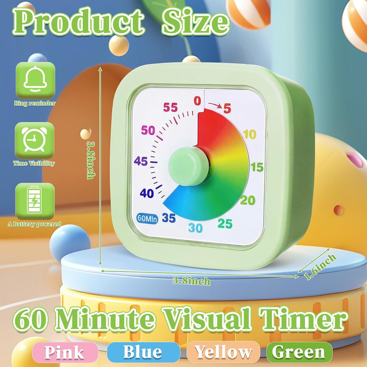 4 Pack Visual Timer, Gradient, Pink, Blue, Yellow, Green
