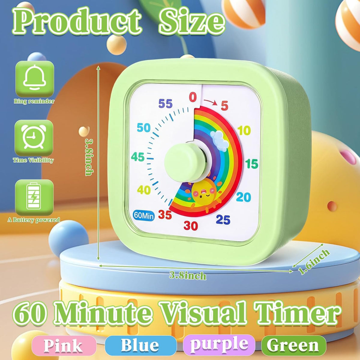 4 Pack Visual Timer, Gradient, Pink, Blue, Yellow, Green