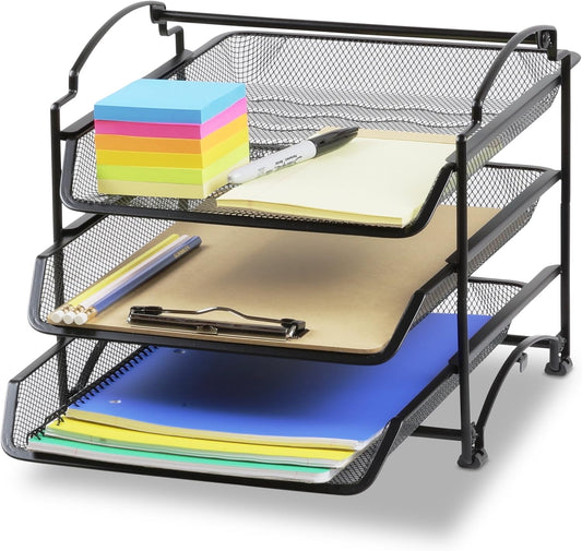 3 Tier Paper Organizer, in Out Trays for Desk, Black