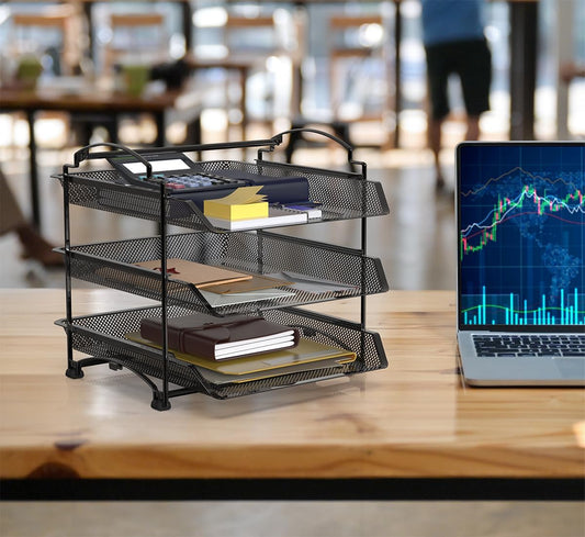 3 Tier Paper Organizer, in Out Trays for Desk, Black