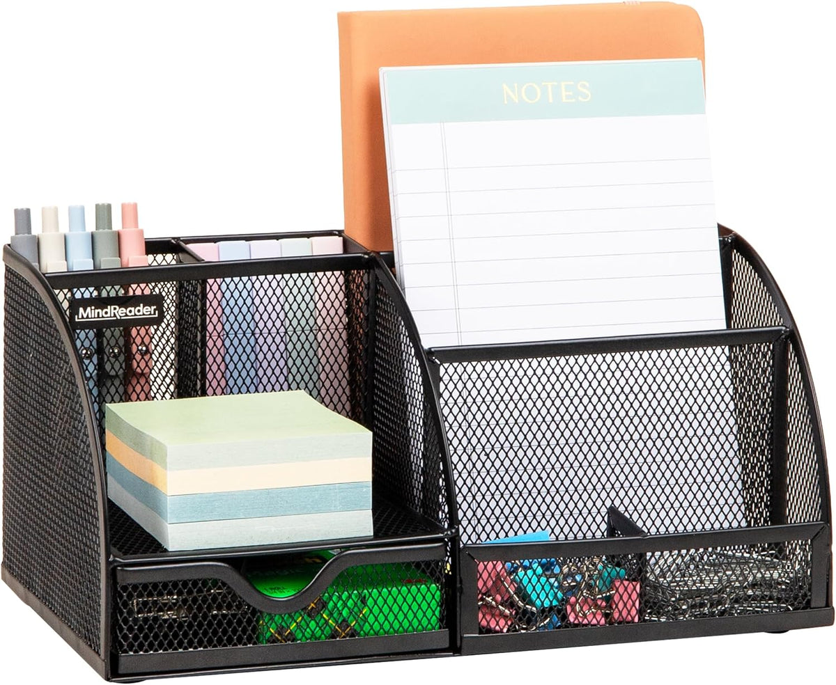 7-Compartment Desktop Organizer, Metal Mesh Desk Organizer for Pens, Sticky Notes, Mail and Office Supplies, Black