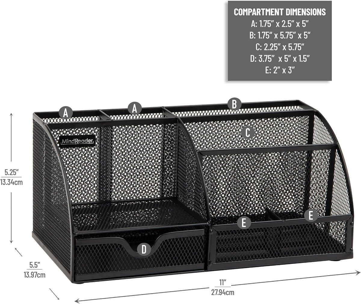 7-Compartment Desktop Organizer, Metal Mesh Desk Organizer for Pens, Sticky Notes, Mail and Office Supplies, Black