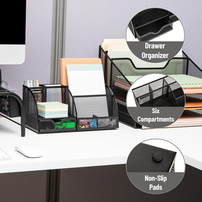 7-Compartment Desktop Organizer, Metal Mesh Desk Organizer for Pens, Sticky Notes, Mail and Office Supplies, Black